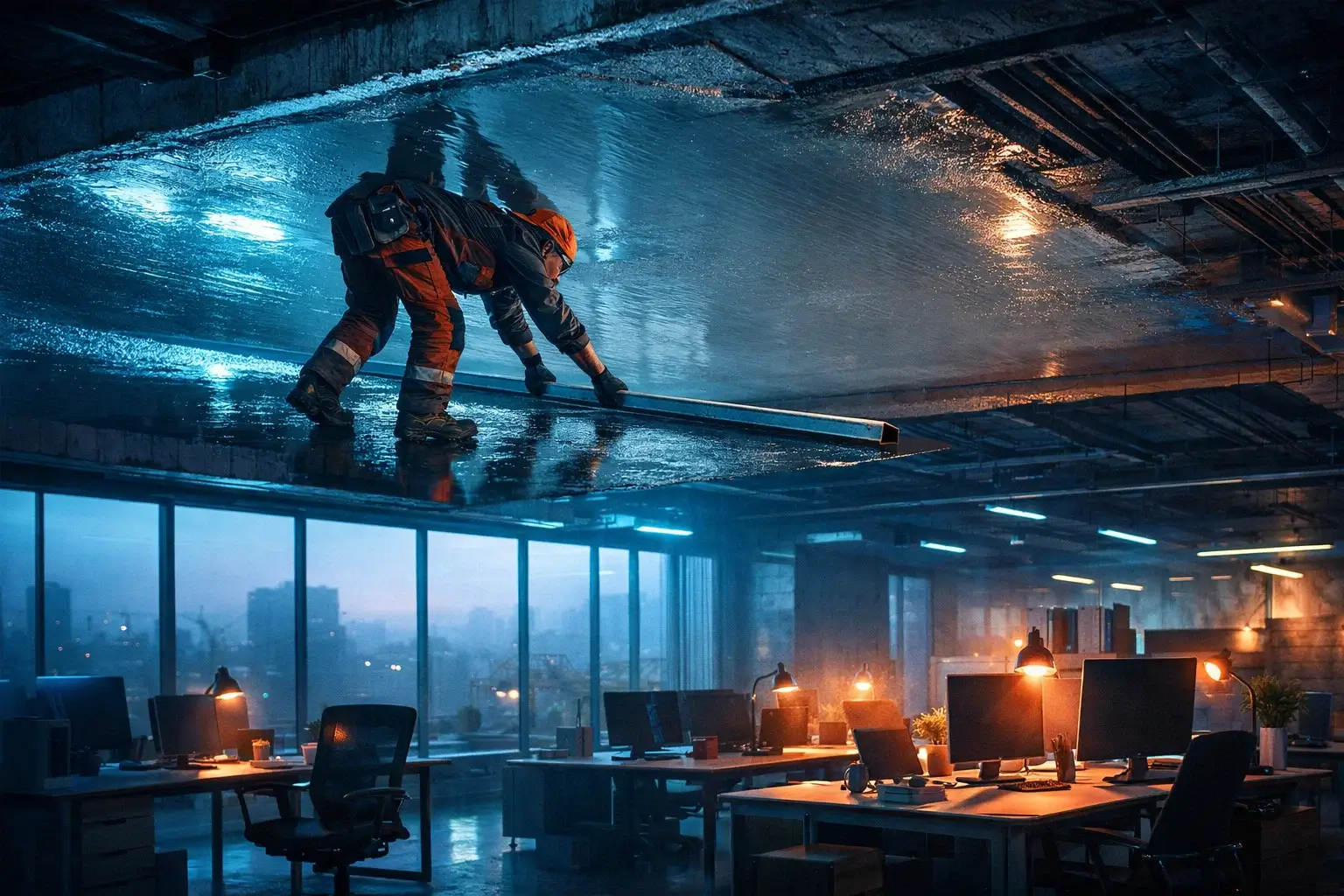 worker leveling floor on ceiling office
