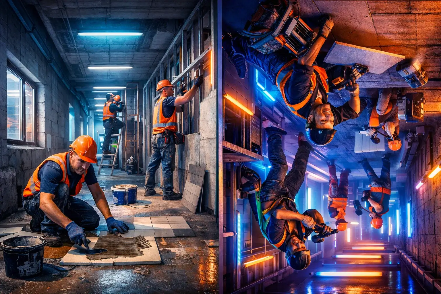 workers in corridor with split gravity