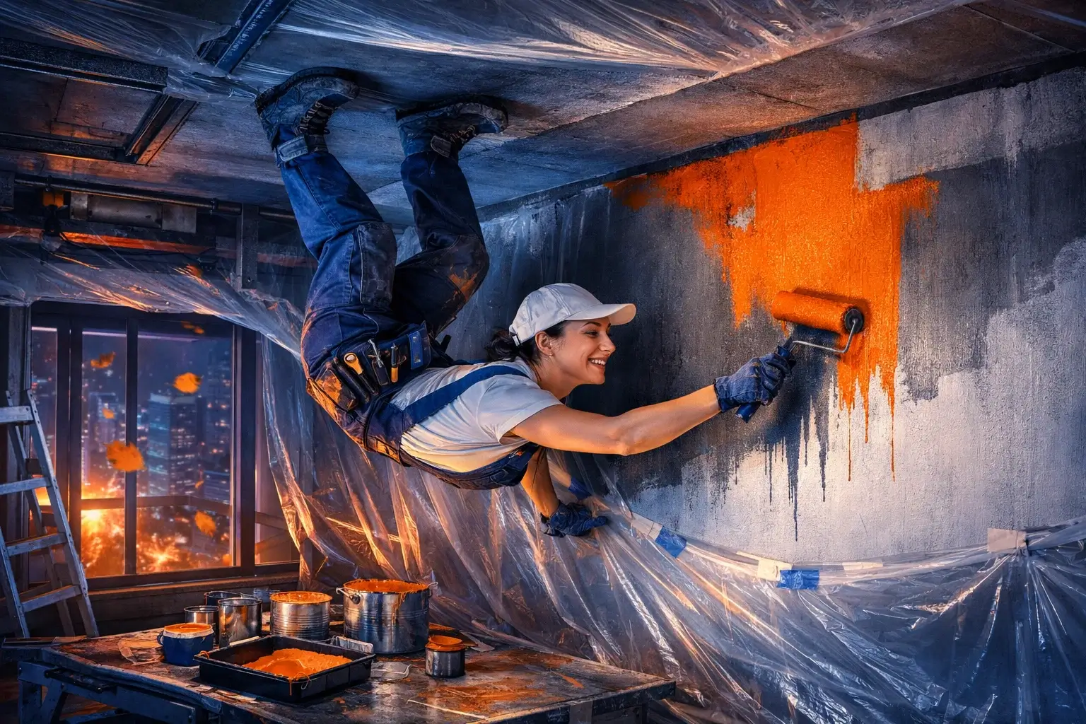 painter painting wall from ceiling