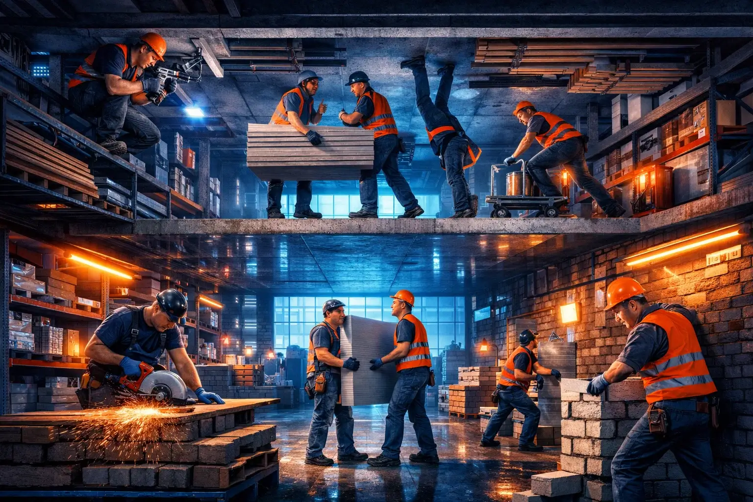 workers moving in dual gravity warehouse