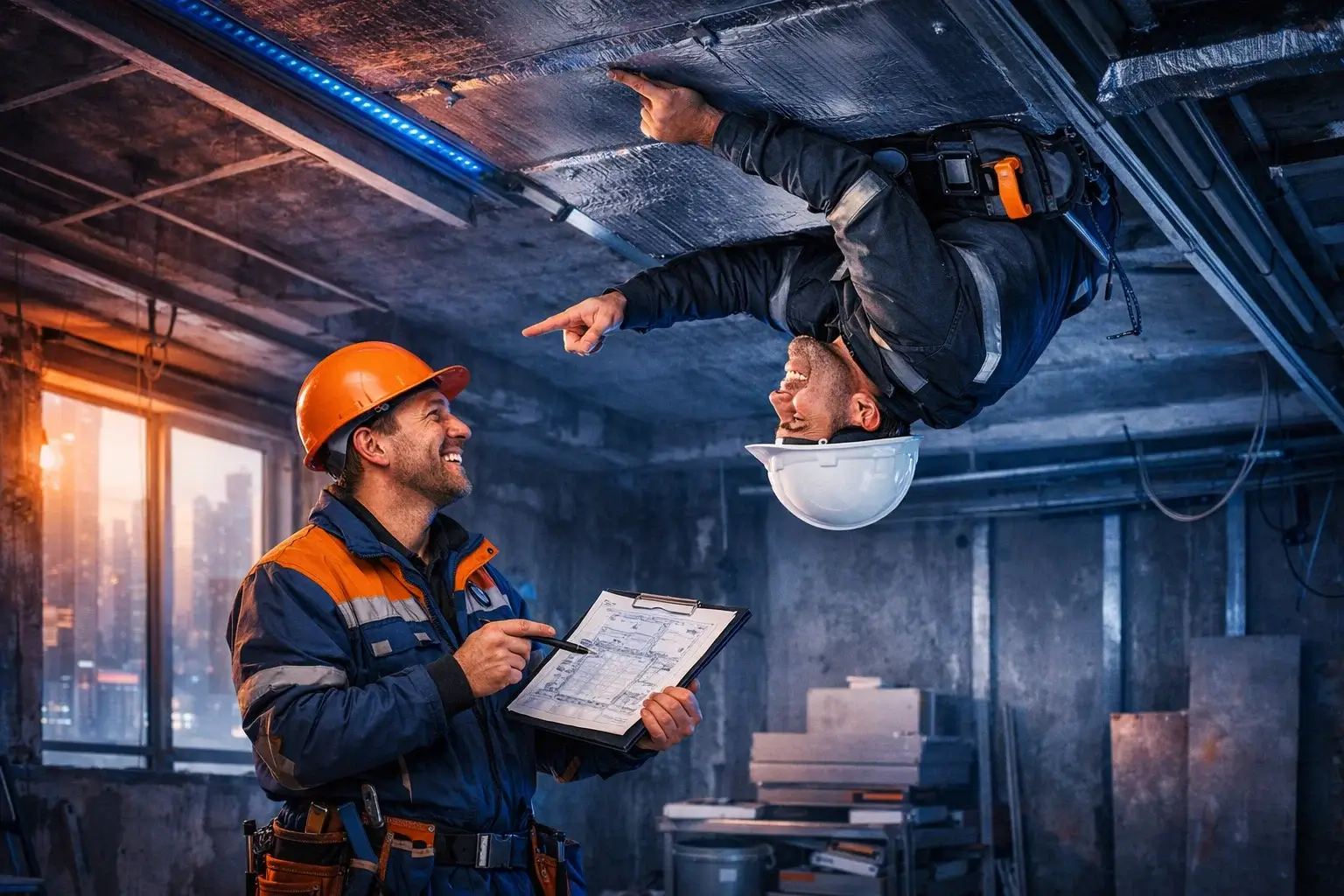 two workers discussing in opposite gravity