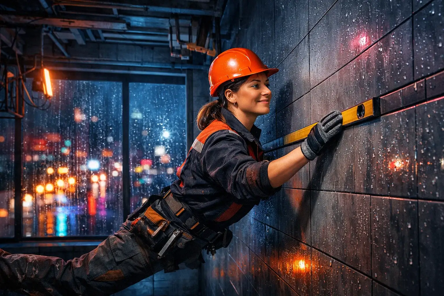 woman checking tile alignment on wall