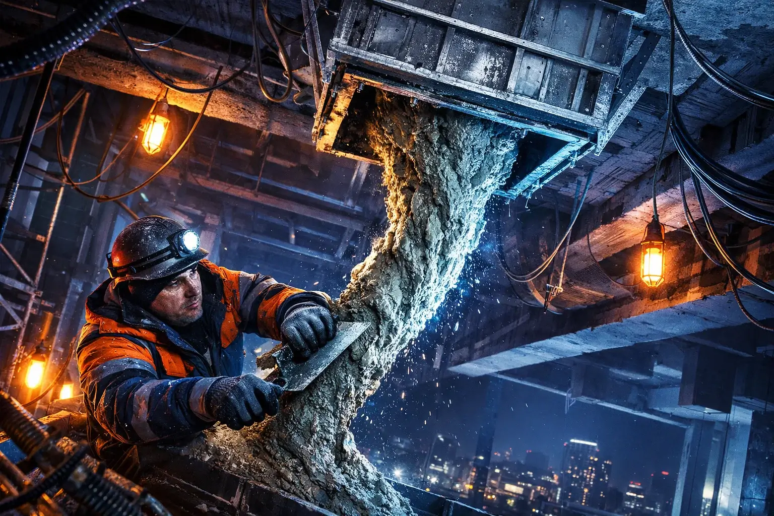 worker guiding concrete flowing upward