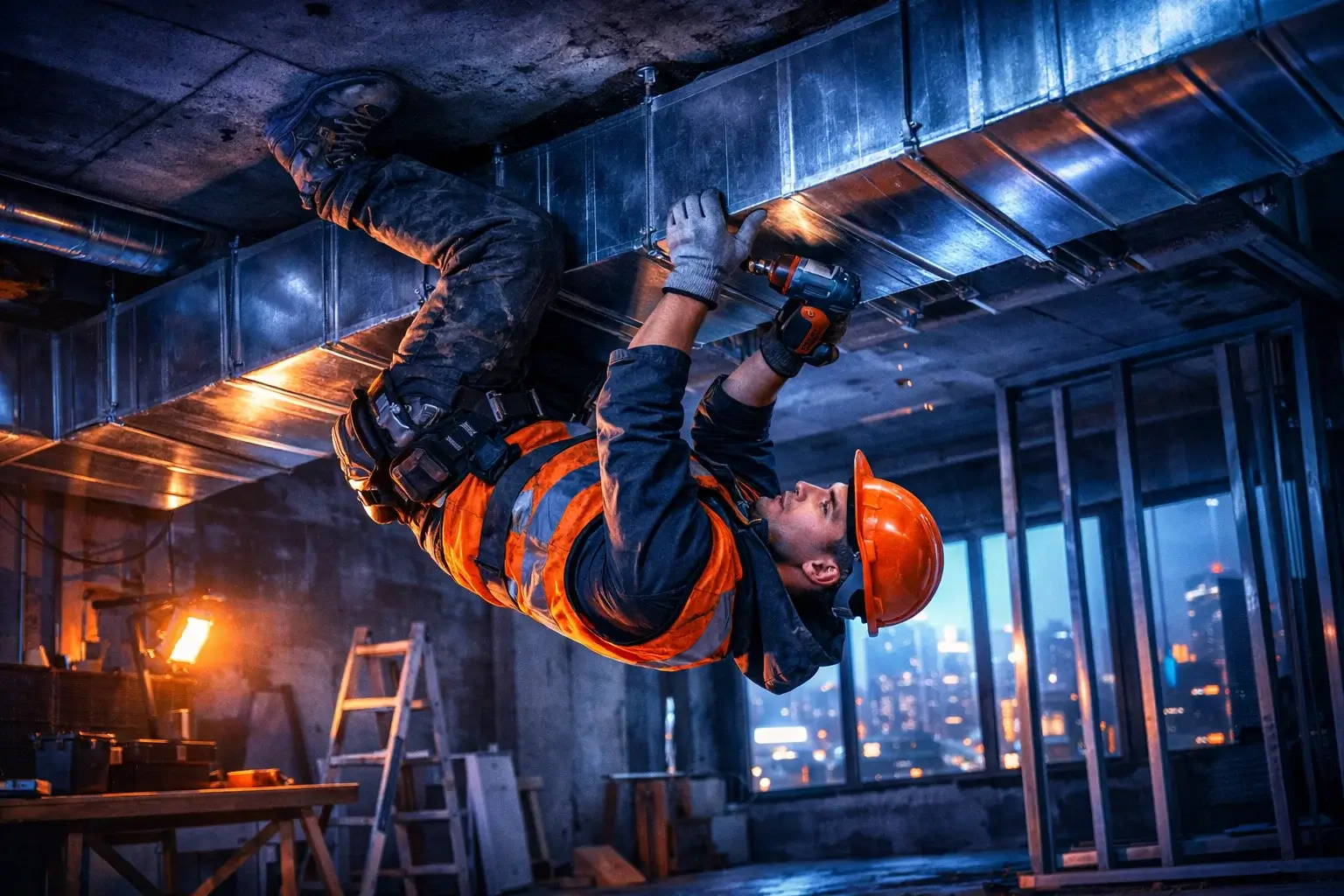 worker fixing duct while upside down