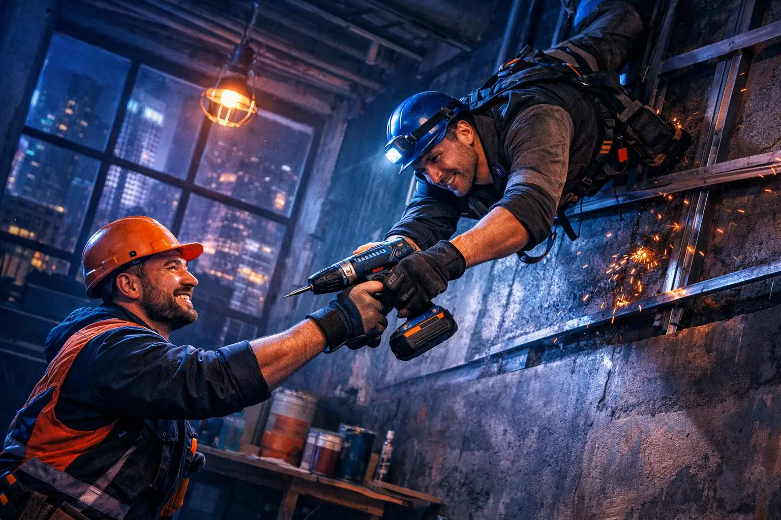 workers passing tool across gravity angle